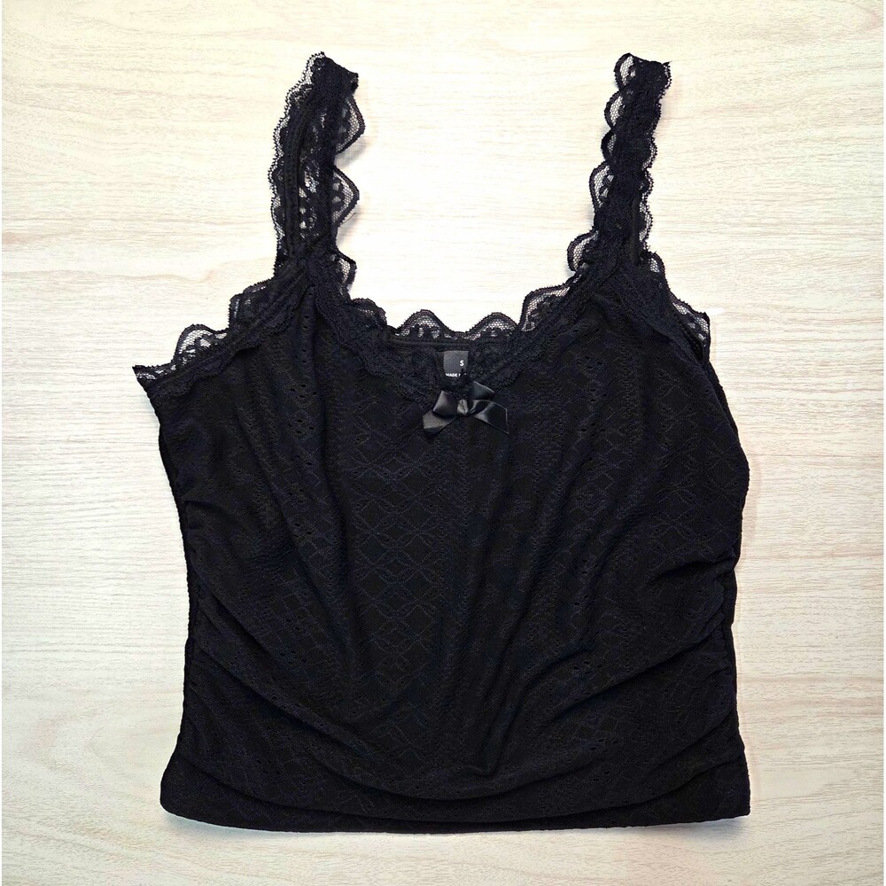 Women’s Black Solid Lace Trim Camisole Cropped Tank Top Bow Small Coquette Goth